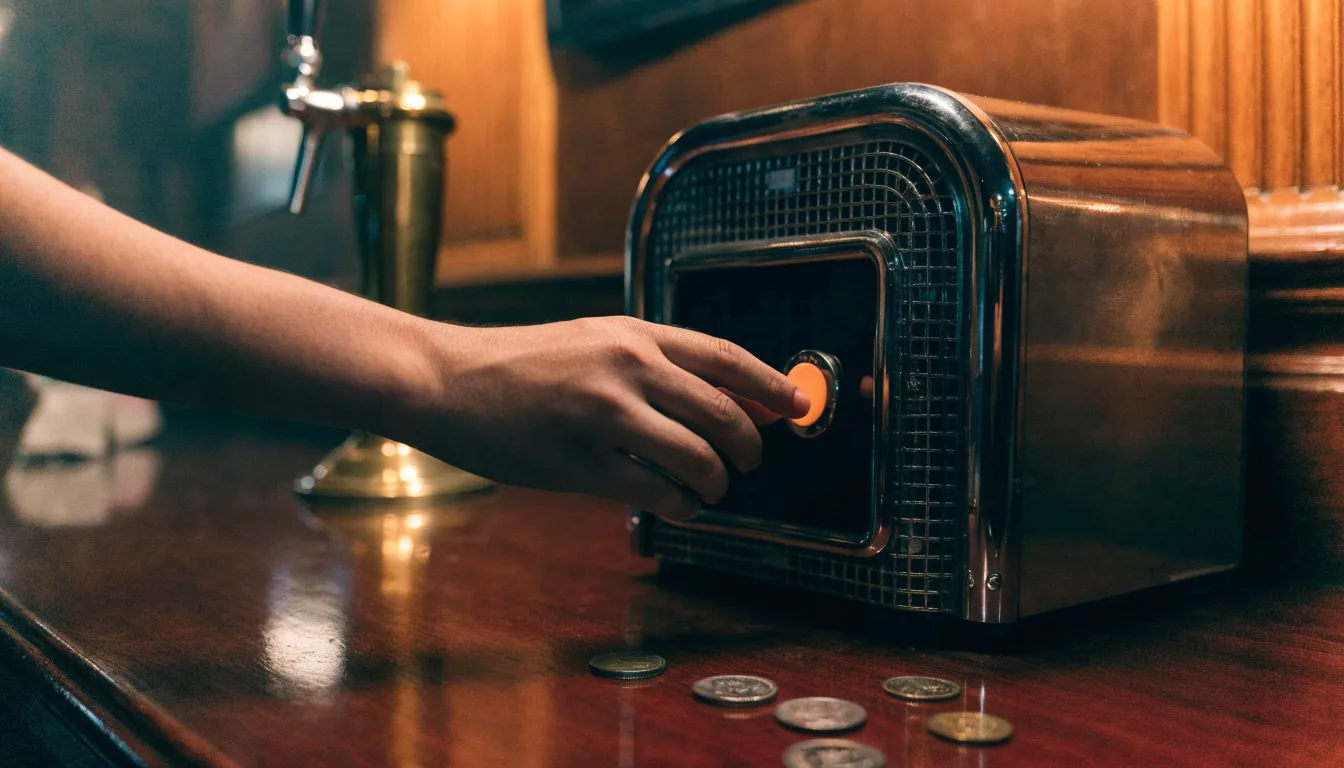 British pub fruit machine with hand pressing start button and coins on wooden bar