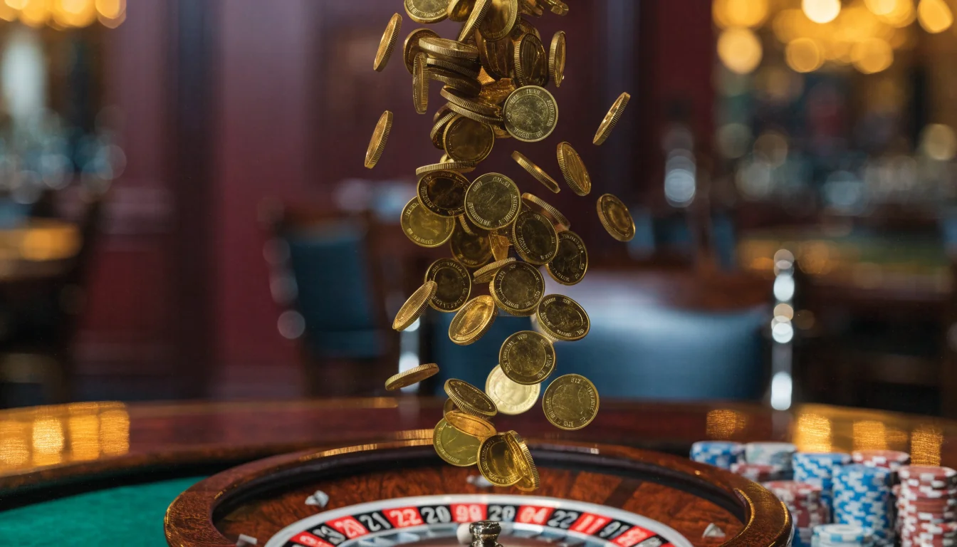 Gold coins spinning above a casino table with stacked chips and a roulette wheel