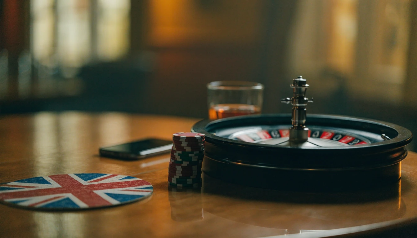 Casino chips and roulette wheel on a table with a phone face-down in a British lounge setting.
