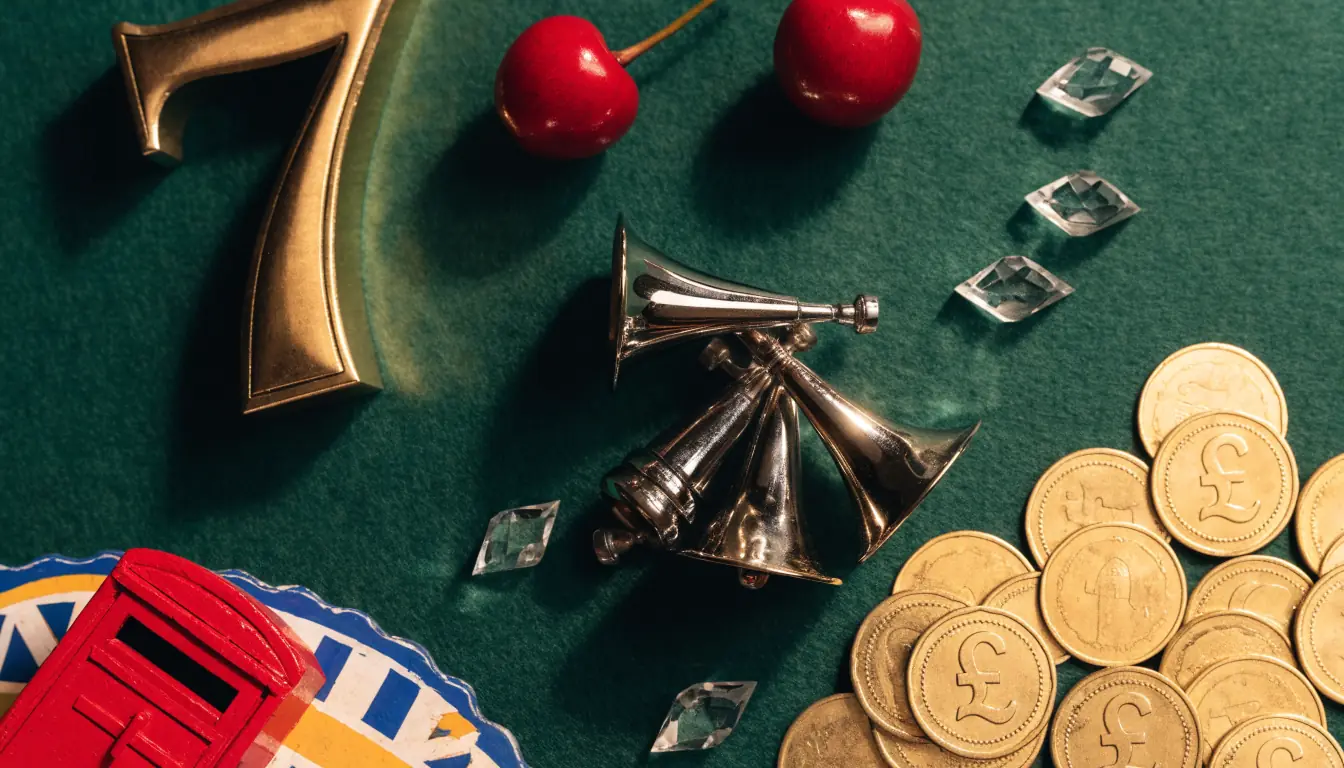 Classic slot symbols on green felt with golden sevens, cherries, bells, British accents and gold coins