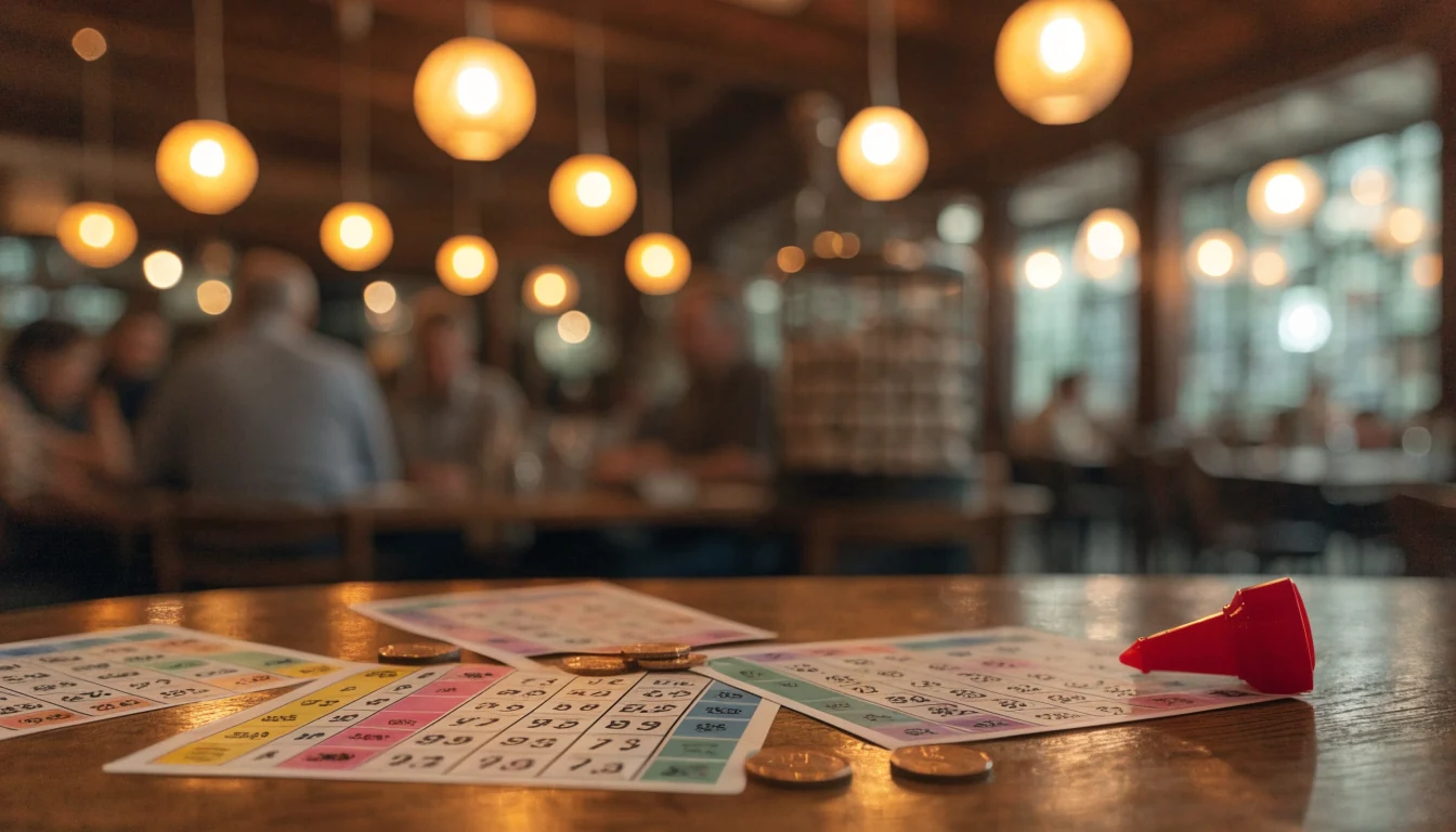 Traditional British bingo hall table with colorful cards, a dabber, and coins under warm amber lights.
