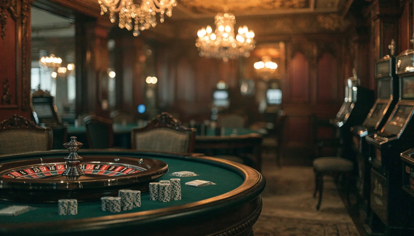 Elegant British casino interior with roulette wheel and chips on a green felt table