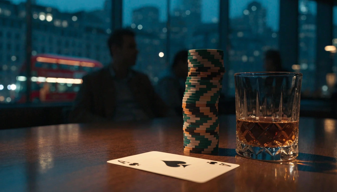 London lounge scene with casino chips, playing card, and whisky on a table overlooking the city skyline at night.