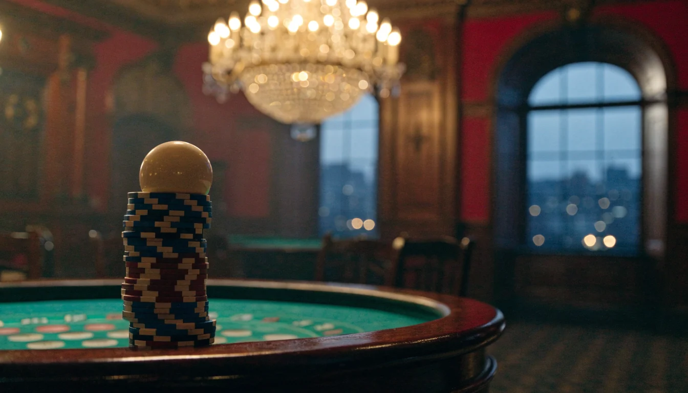 Elegant UK casino interior featuring a roulette table with colorful chips under a chandelier