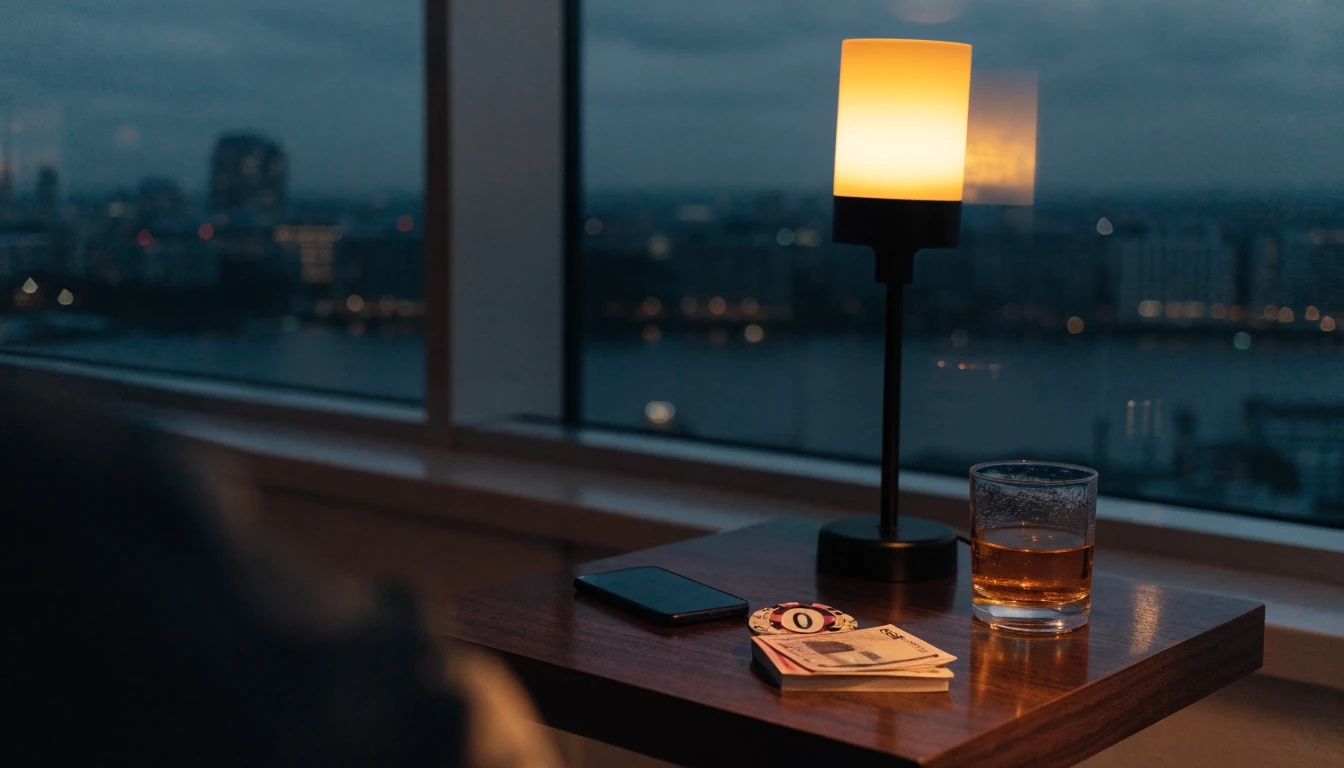 Stylish London apartment scene with roulette chip, pounds, and whisky at dusk