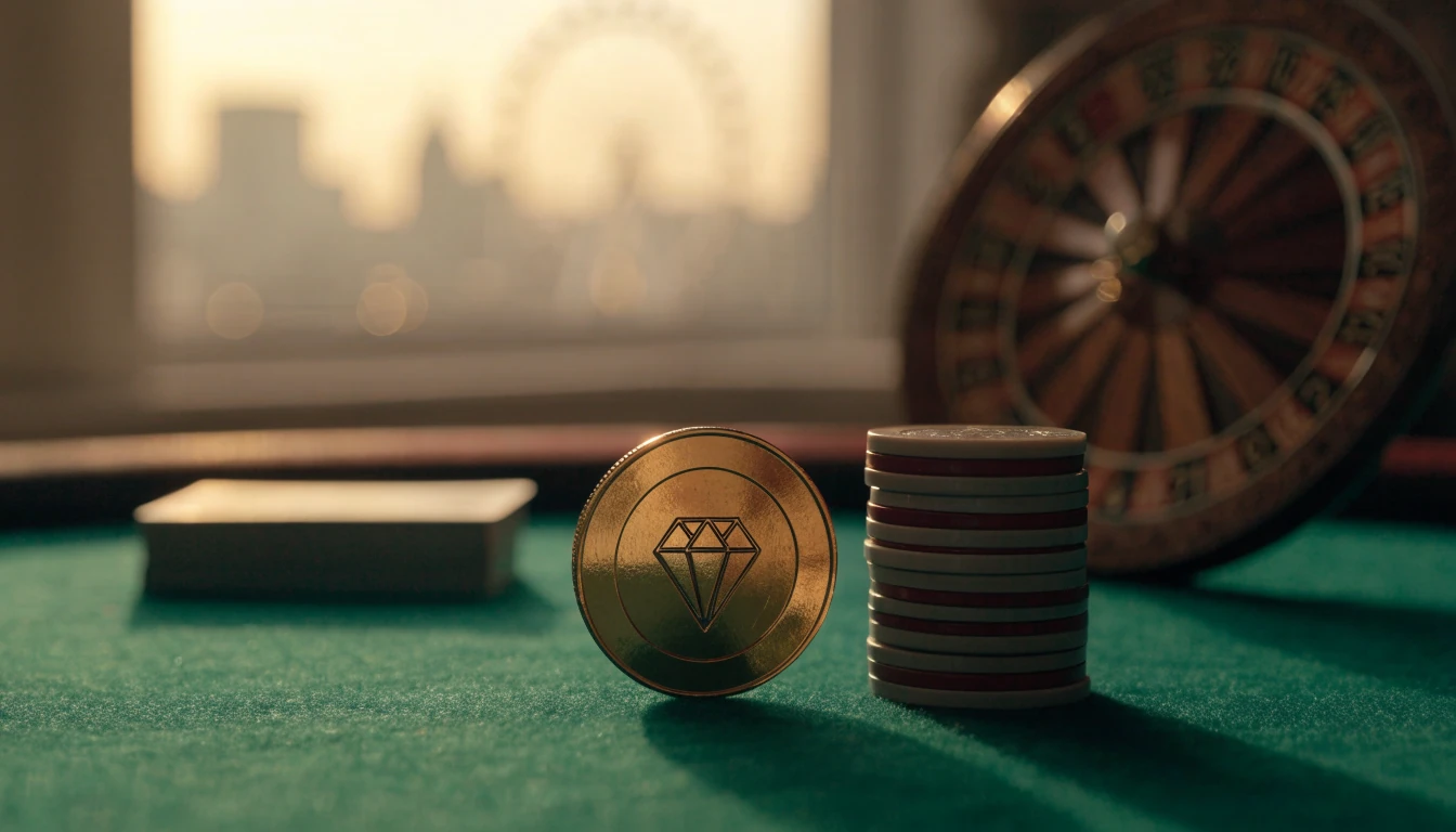 Golden crypto coin with casino chips on green felt table, blurred London skyline behind