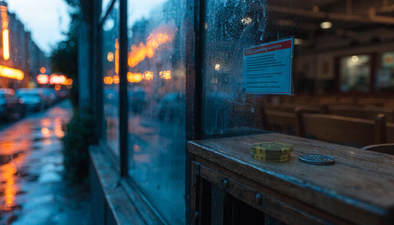 British betting shop window with casino chip and crypto coin at dusk