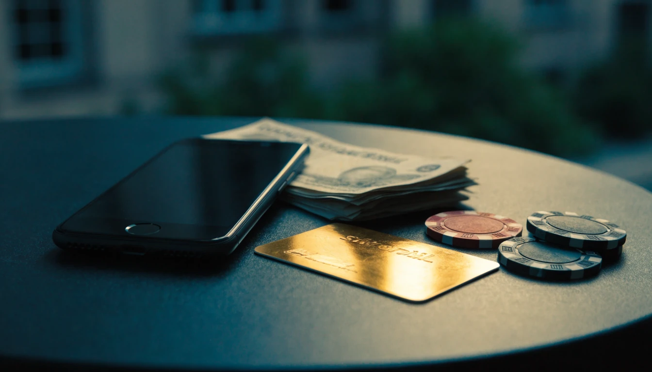 Smartphone, British pounds, e-wallet card, and casino chips on a dark surface