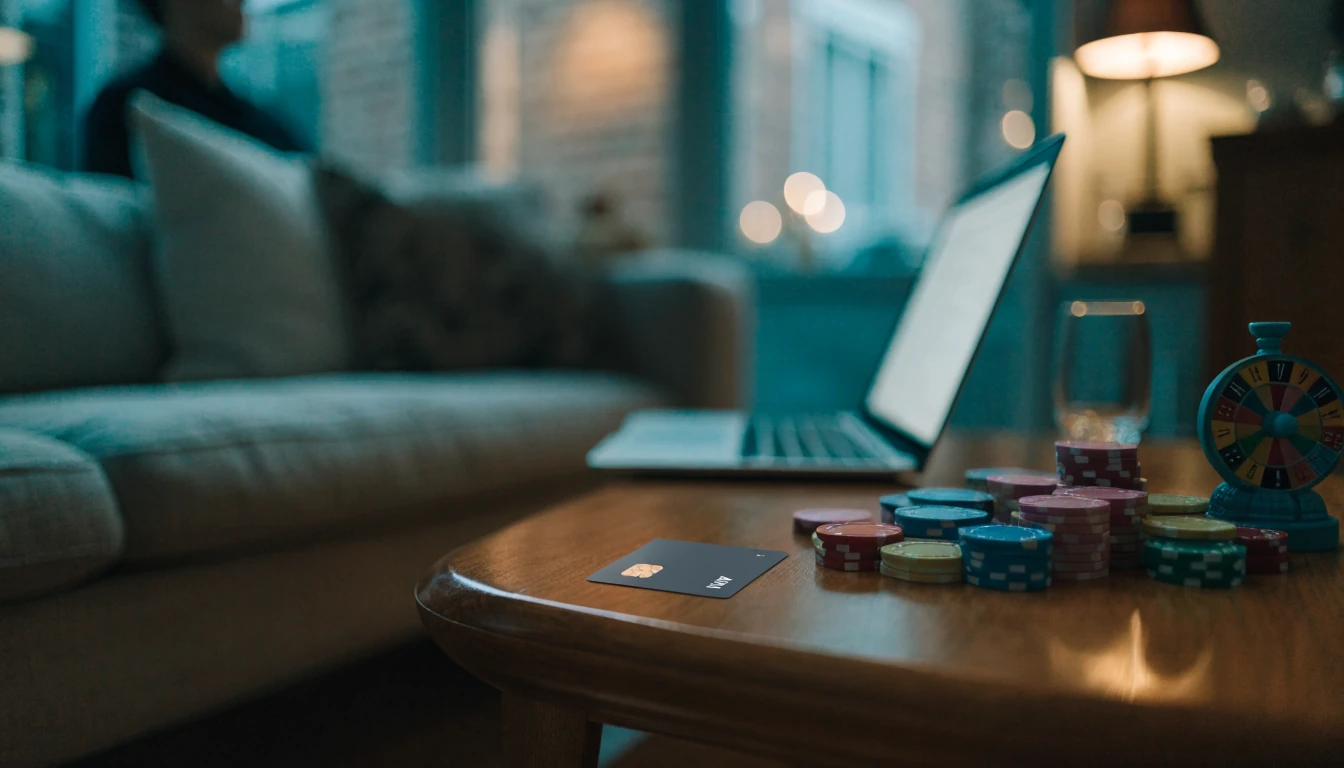 Visa debit card with casino chips and roulette ornament on a UK living room table.