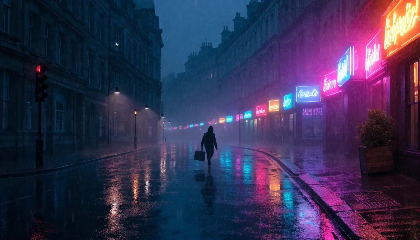 Lone figure passing glowing casino entrances on a rainy UK street at night