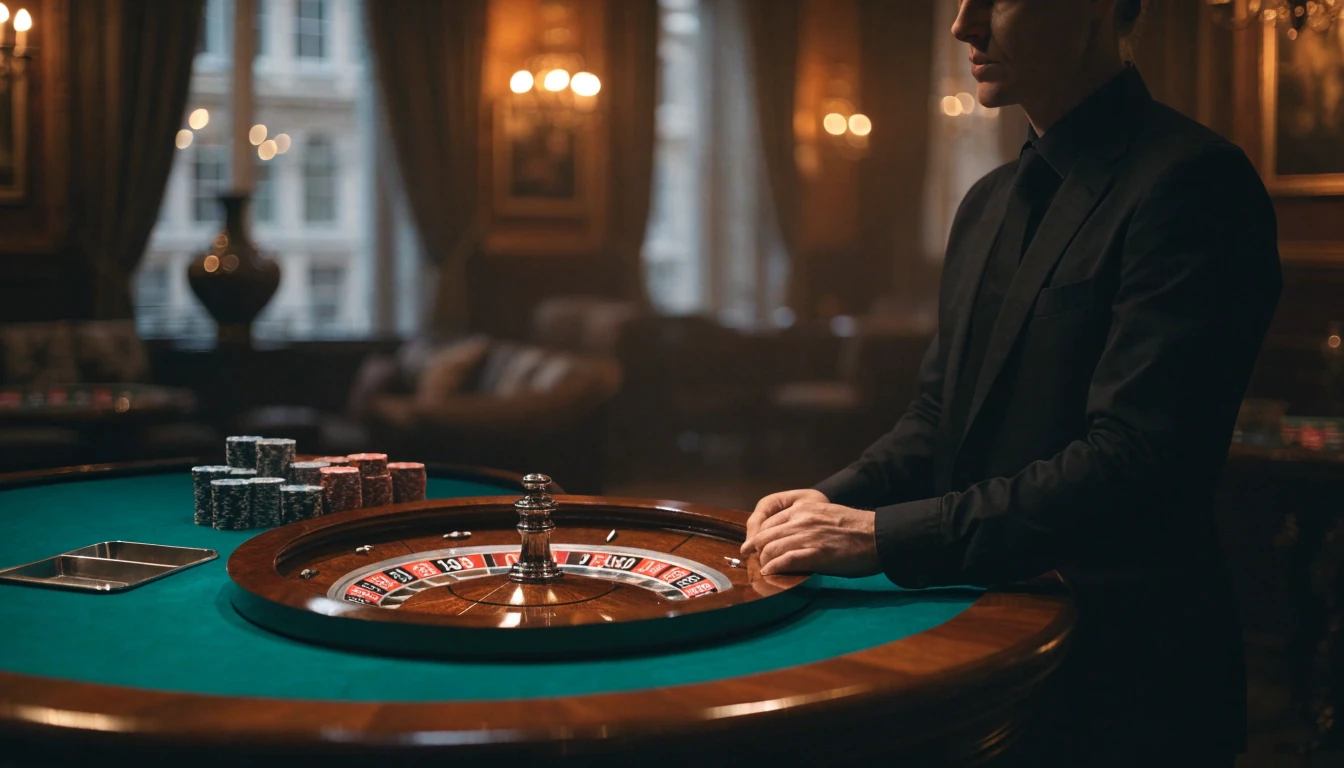 Elegant live roulette studio with a British croupier and roulette wheel in a London casino setting.