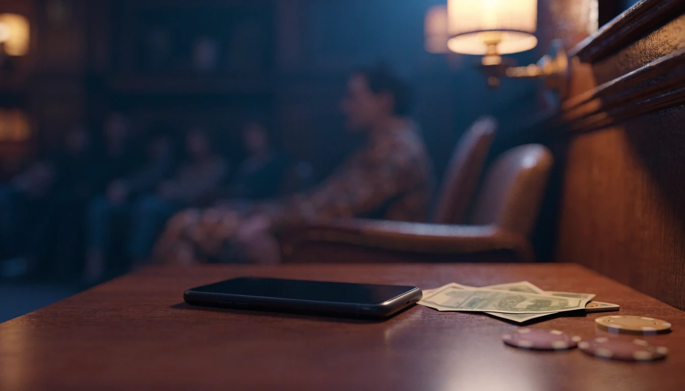 Face-down smartphone with poker chips and British pounds on a pub table.