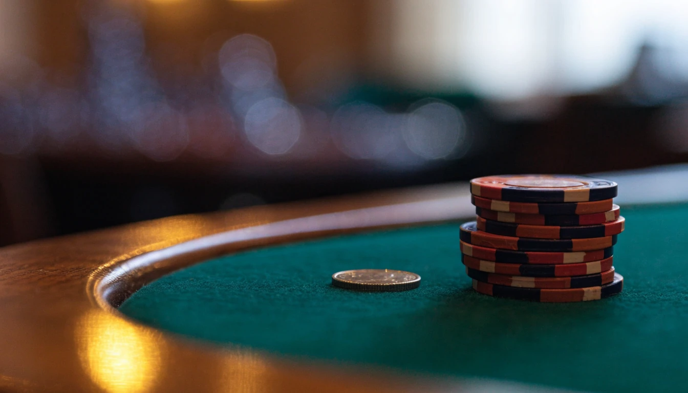 British pound coin beside poker chips on green felt casino table