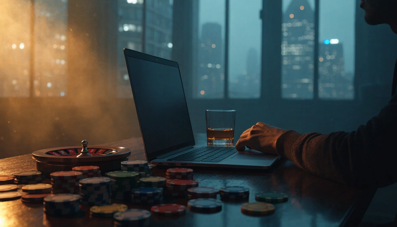 Dimly lit desk with laptop, poker chips, and roulette wheel by a foggy London window