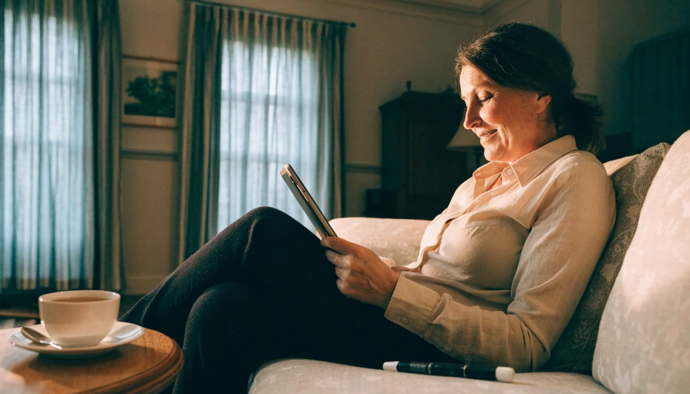 Woman relaxing on sofa with tablet and bingo dabber in British living room