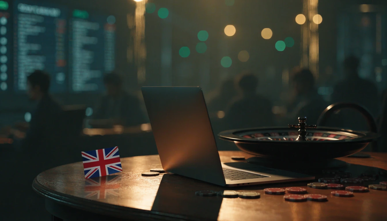 Stylized British-themed online casino tournament scene with laptop and chips