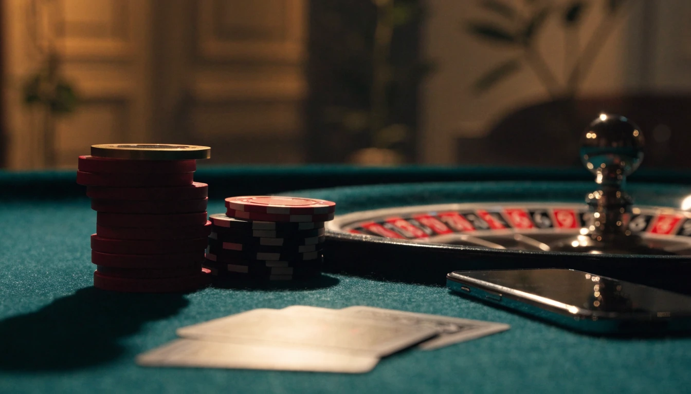 Casino chips and roulette wheel on green felt with a face-down smartphone