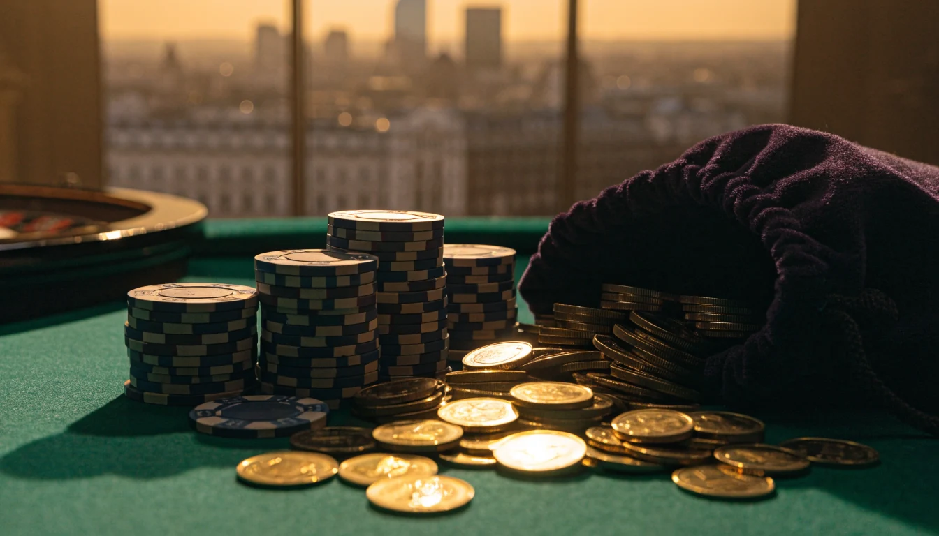 Elegant casino table with stacked chips, gold coins and a roulette wheel, London skyline behind.