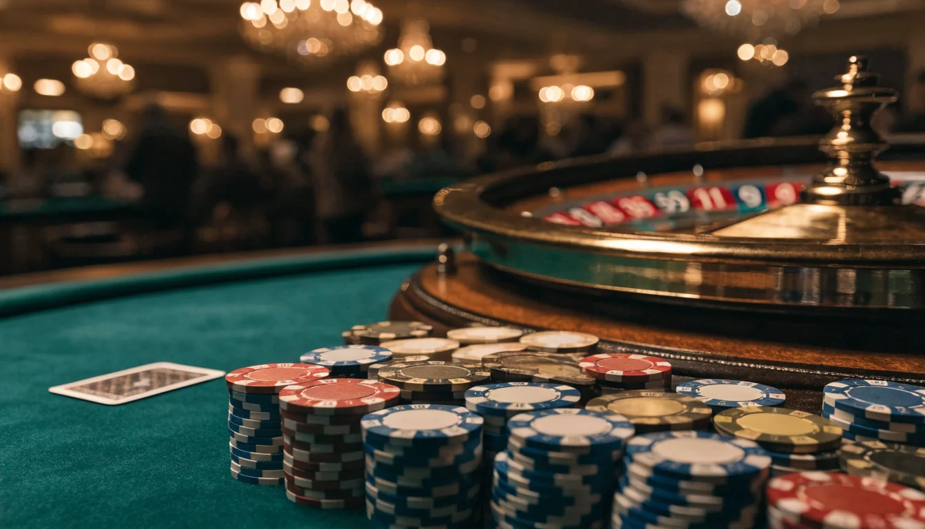 Elegant casino table with stacked chips, roulette wheel, and warm golden lighting.