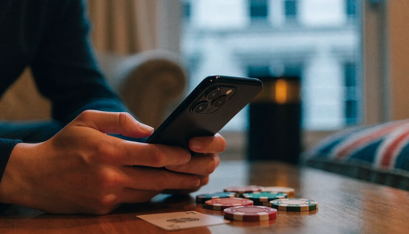 Hands holding a smartphone near casino chips on a table in a British living room