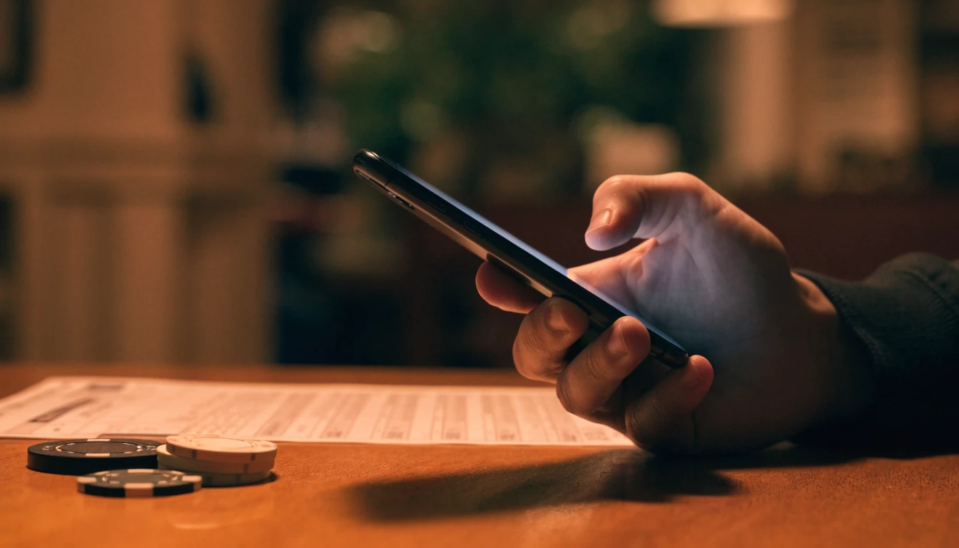 Hand holding a smartphone beside casino chips and a phone bill in a UK setting