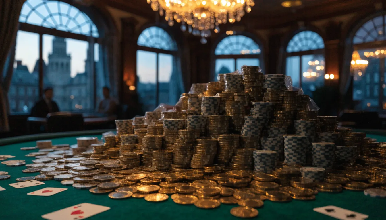 Overwhelming pile of gold coins and stacked casino chips on green felt inside a luxurious British casino.