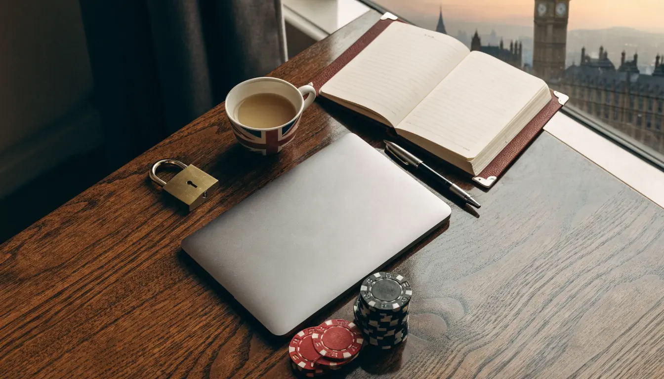 Closed laptop, brass padlock, casino chips, and Union Jack teacup on a polished desk with London skyline beyond