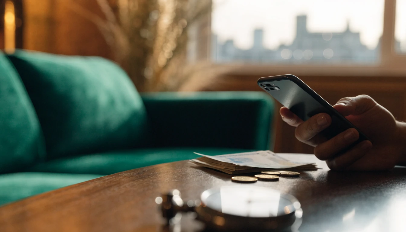 British pound banknotes and a smartphone on a wooden table with a stopwatch, suggesting fast casino payouts
