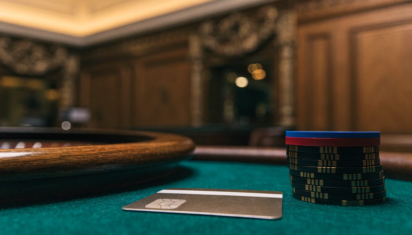 UK casino table with contactless bank card, chips, and roulette wheel edge