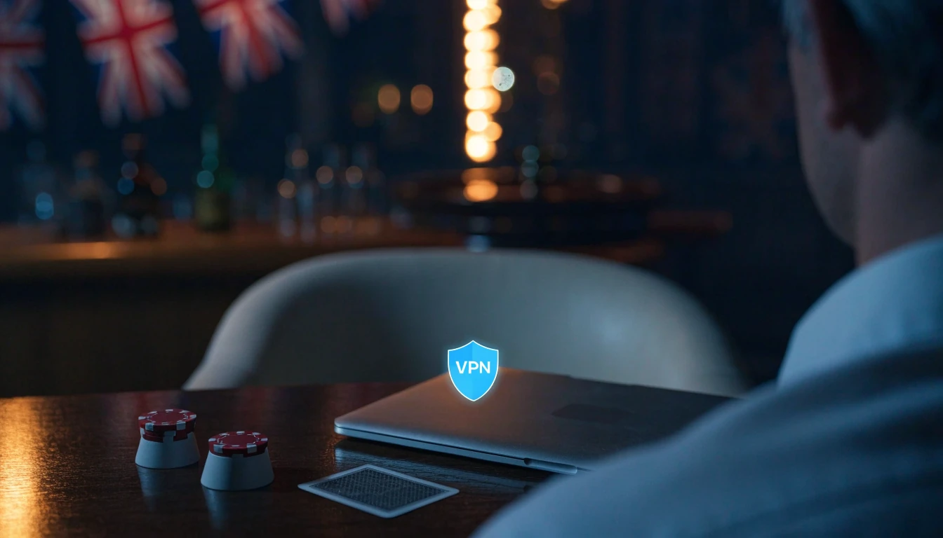 British lounge scene with laptop, casino chip, and glowing VPN shield symbolizing secure UK online gambling