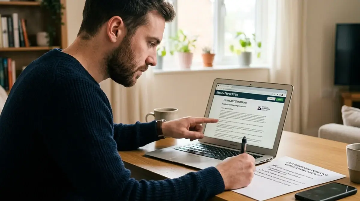 Person checking licence, domain and terms before making a gambling deposit